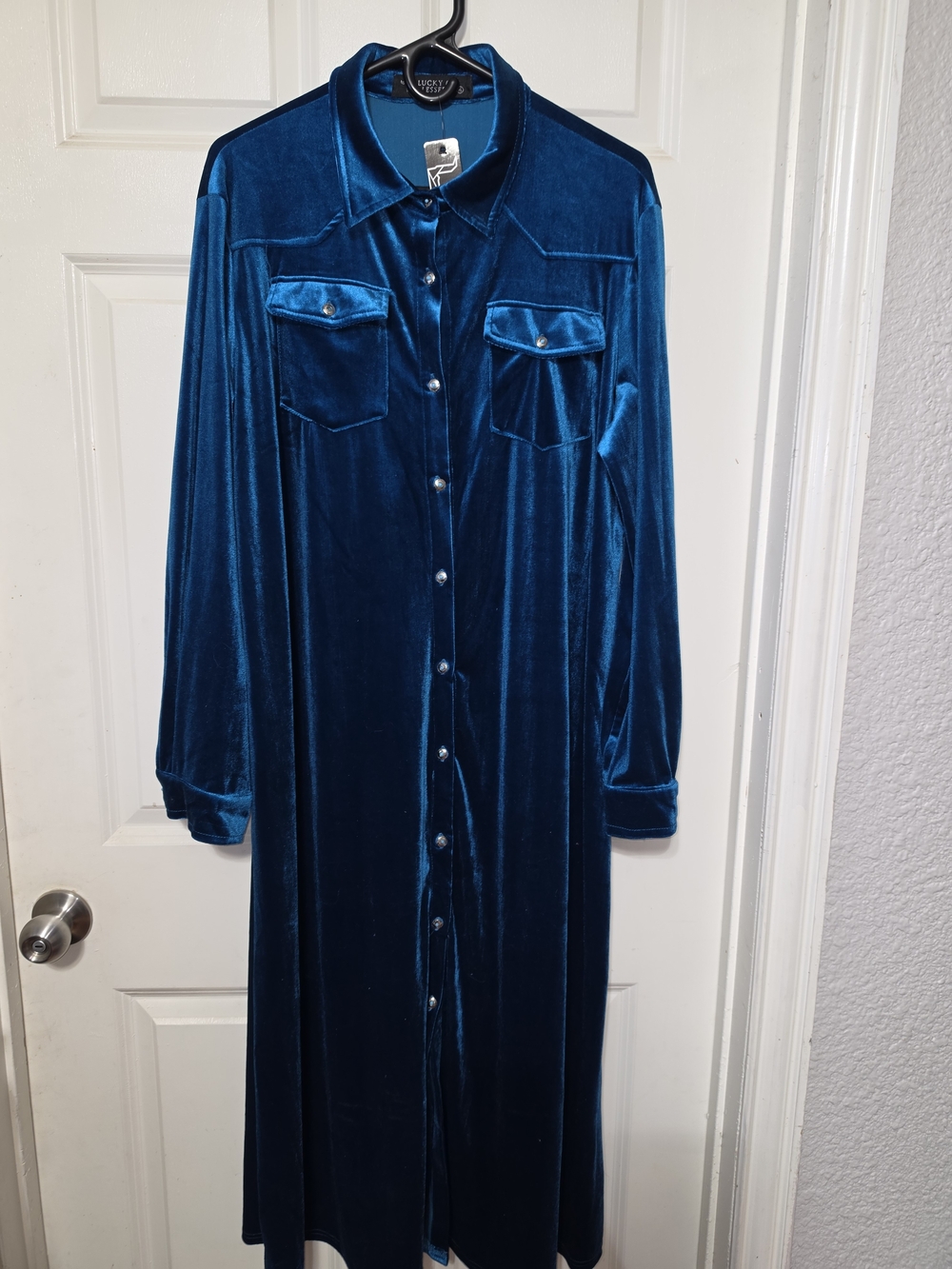 Lucky & Blessed Velvet Button-Front Long Dress / Duster Jacket in Teal